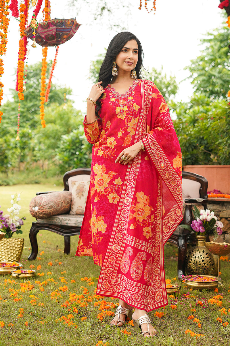 Red Rayon Blend Floral Straight Kurta Trousers With Dupatta PKSKD3051