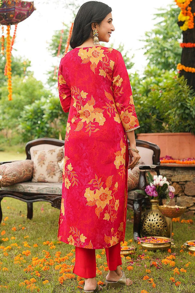 Red Rayon Blend Floral Straight Kurta Trousers With Dupatta PKSKD3051