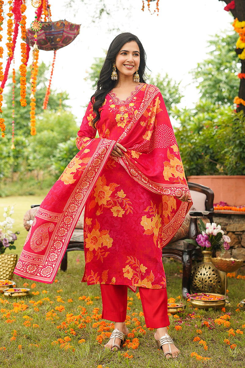 Red Rayon Blend Floral Straight Kurta Trousers With Dupatta PKSKD3051