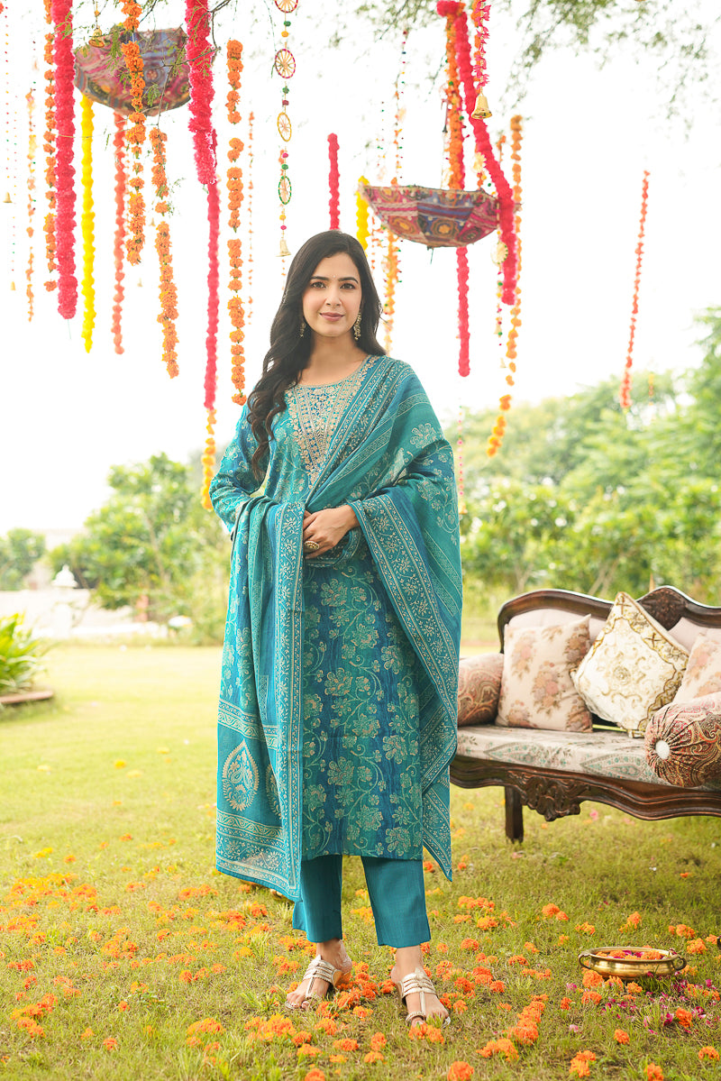 Teal Viscose Rayon Floral Embroidered Straight Kurta Trousers With Dupatta PKSKD3057