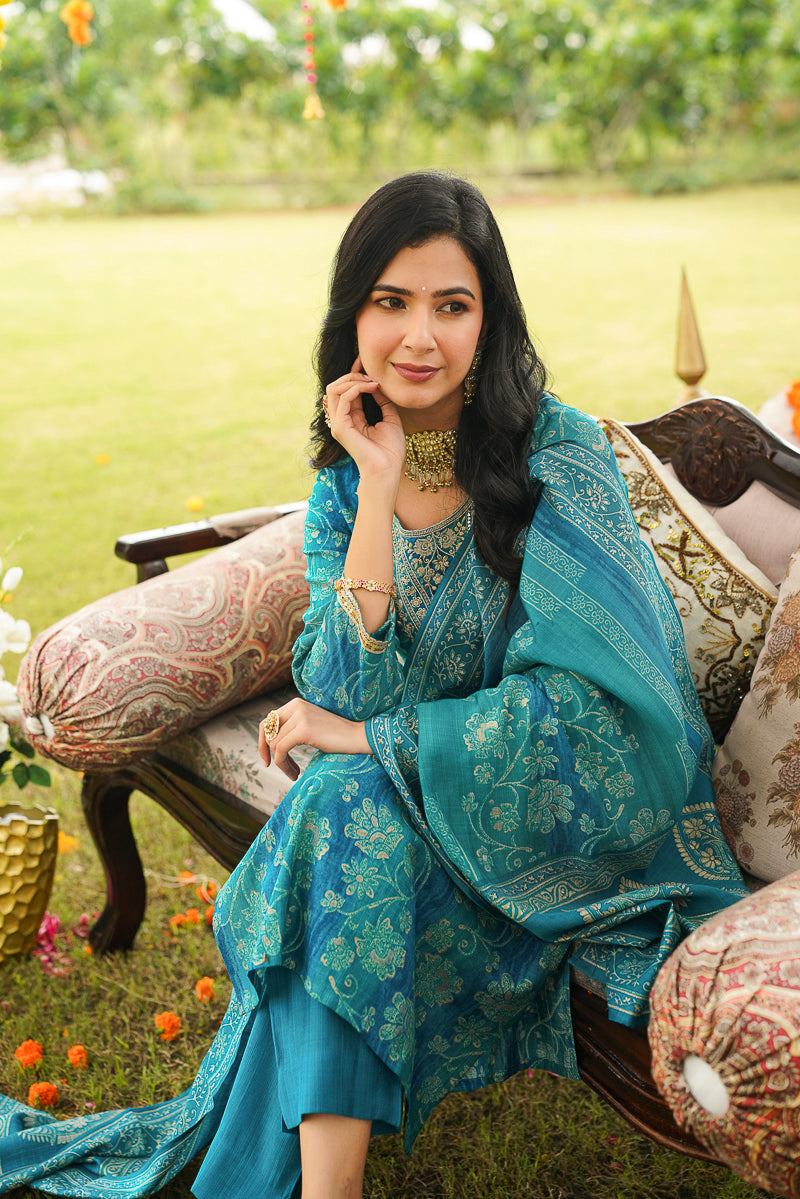 Teal Viscose Rayon Floral Embroidered Straight Kurta Trousers With Dupatta PKSKD3057