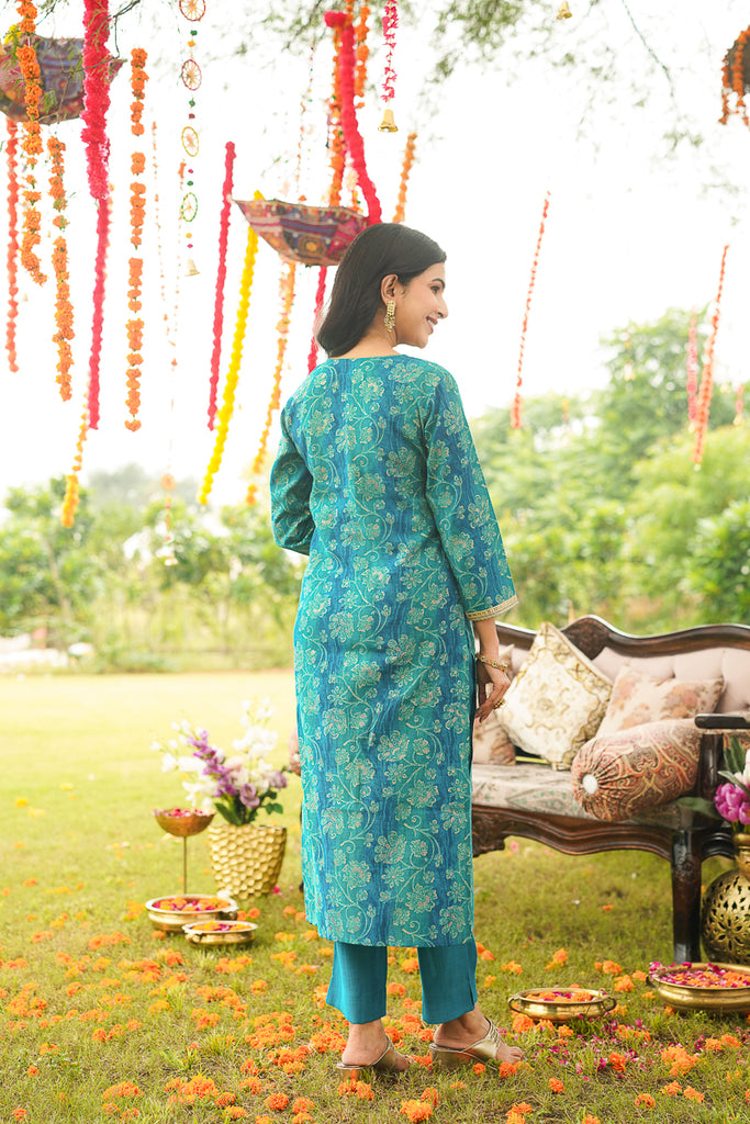 Teal Viscose Rayon Floral Embroidered Straight Kurta Trousers With Dupatta PKSKD3057