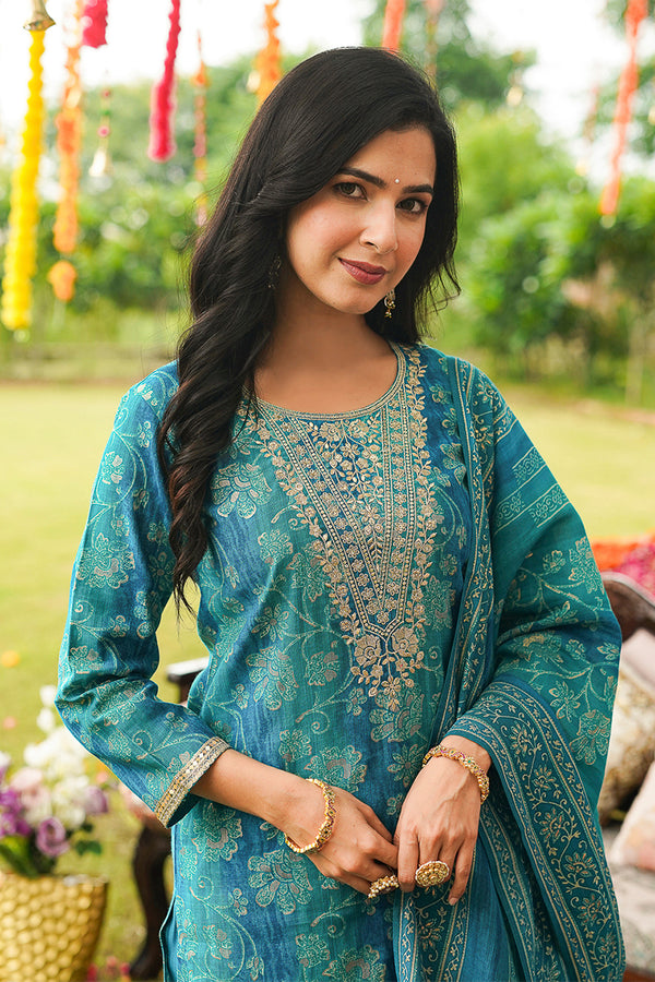 Teal Viscose Rayon Floral Embroidered Straight Kurta Trousers With Dupatta PKSKD3057