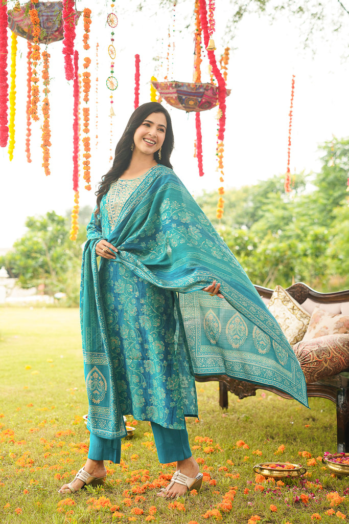 Teal Viscose Rayon Floral Embroidered Straight Kurta Trousers With Dupatta PKSKD3057