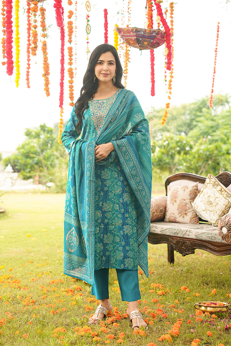 Teal Viscose Rayon Floral Embroidered Straight Kurta Trousers With Dupatta PKSKD3057