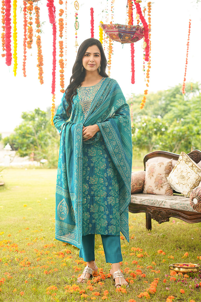 Teal Viscose Rayon Floral Embroidered Straight Kurta Trousers With Dupatta PKSKD3057