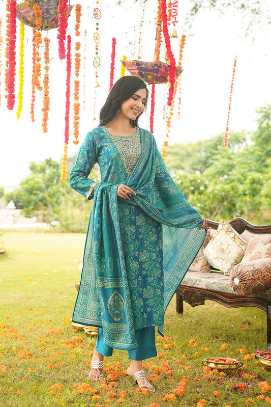 Teal Viscose Rayon Floral Embroidered Straight Kurta Trousers With Dupatta PKSKD3057