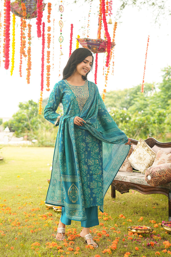 Teal Viscose Rayon Floral Embroidered Straight Kurta Trousers With Dupatta PKSKD3057