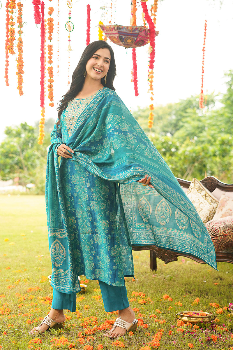 Teal Viscose Rayon Floral Embroidered Straight Kurta Trousers With Dupatta PKSKD3057