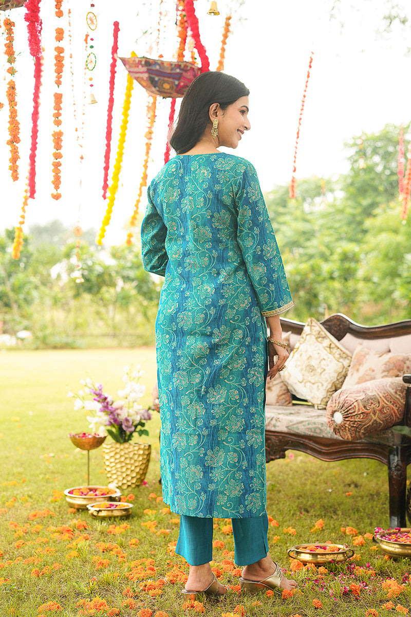 Teal Viscose Rayon Floral Embroidered Straight Kurta Trousers With Dupatta PKSKD3057