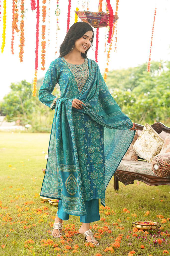Teal Viscose Rayon Floral Embroidered Straight Kurta Trousers With Dupatta PKSKD3057