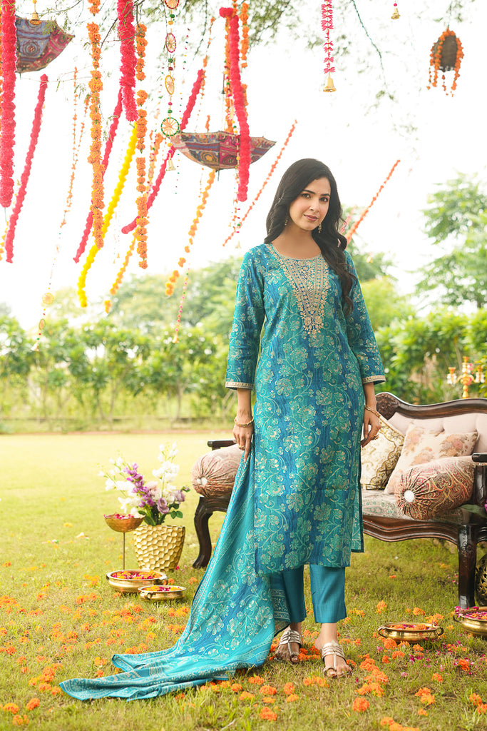 Teal Viscose Rayon Floral Embroidered Straight Kurta Trousers With Dupatta PKSKD3057