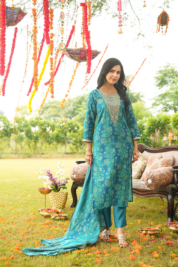 Teal Viscose Rayon Floral Embroidered Straight Kurta Trousers With Dupatta PKSKD3057