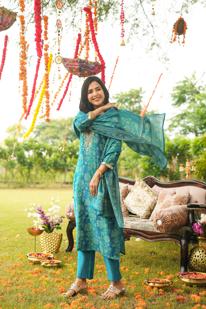 Teal Viscose Rayon Floral Embroidered Straight Kurta Trousers With Dupatta PKSKD3057