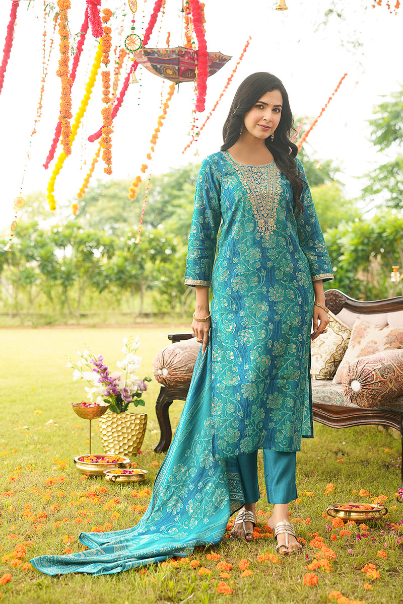 Teal Viscose Rayon Floral Embroidered Straight Kurta Trousers With Dupatta PKSKD3057