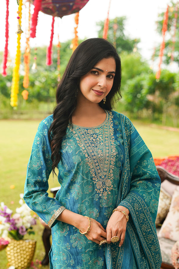 Teal Viscose Rayon Floral Embroidered Straight Kurta Trousers With Dupatta PKSKD3057