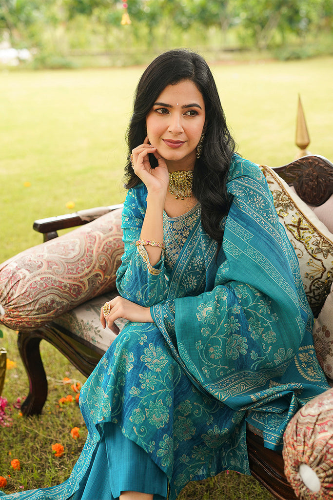Teal Viscose Rayon Floral Embroidered Straight Kurta Trousers With Dupatta PKSKD3057