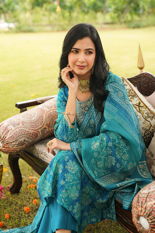 Teal Viscose Rayon Floral Embroidered Straight Kurta Trousers With Dupatta PKSKD3057