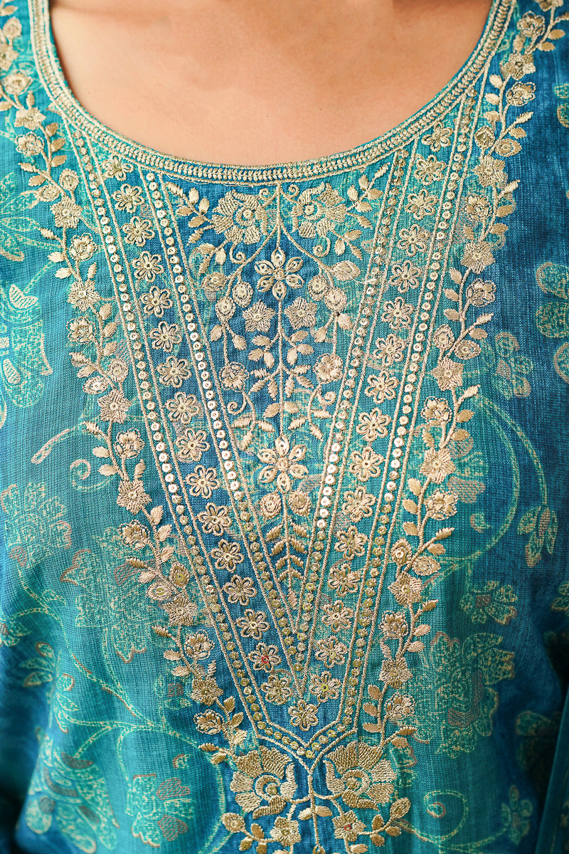 Teal Viscose Rayon Floral Embroidered Straight Kurta Trousers With Dupatta PKSKD3057