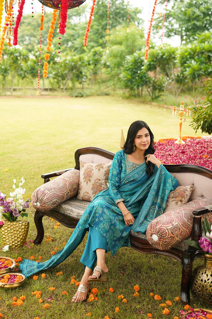 Teal Viscose Rayon Floral Embroidered Straight Kurta Trousers With Dupatta PKSKD3057