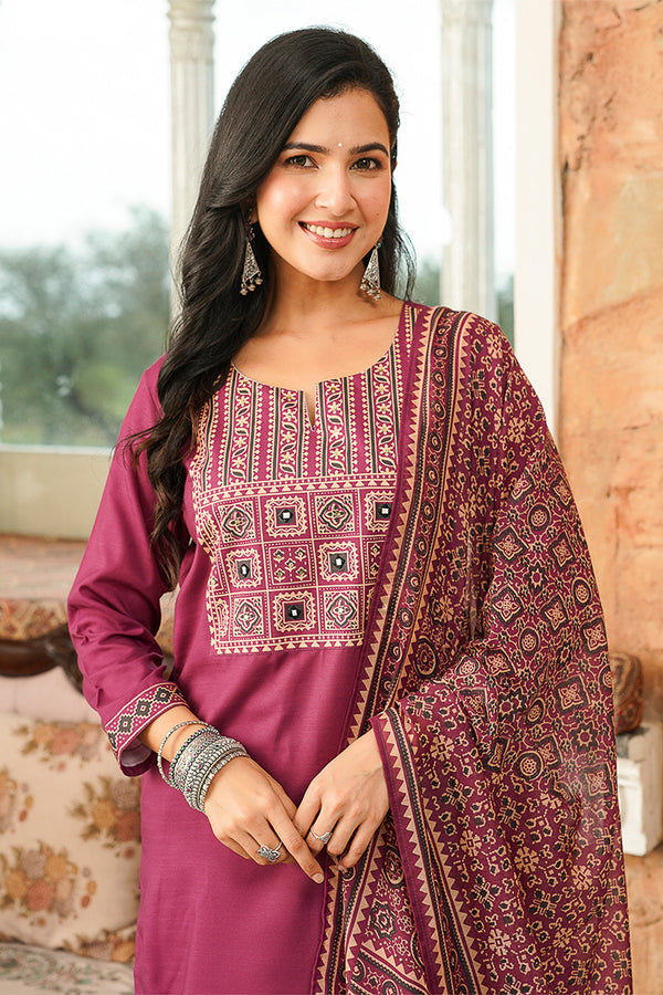 Purple Cotton Blend Ajrakh Printed Straight Kurta Trousers With Dupatta PKSKD3064