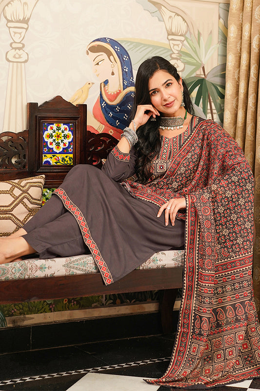 Grey Cotton Blend Ajrakh Printed Straight Kurta Trousers With Dupatta PKSKD3065