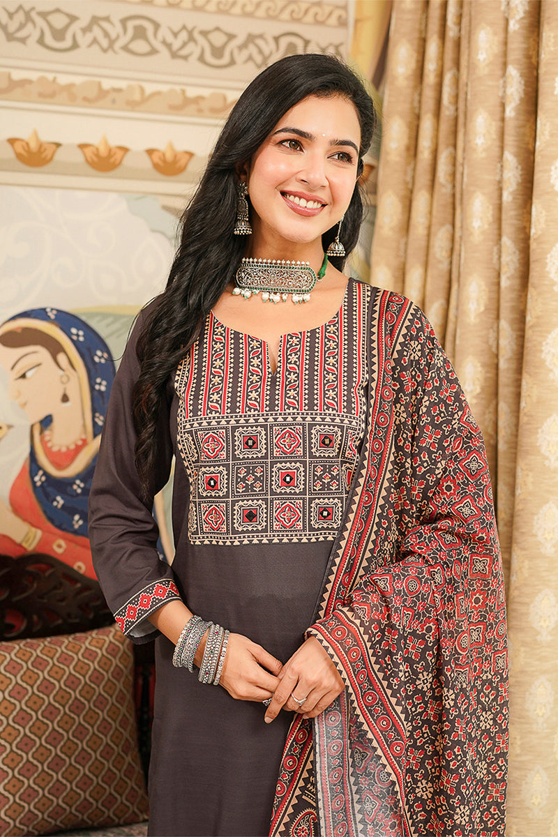 Grey Cotton Blend Ajrakh Printed Straight Kurta Trousers With Dupatta PKSKD3065