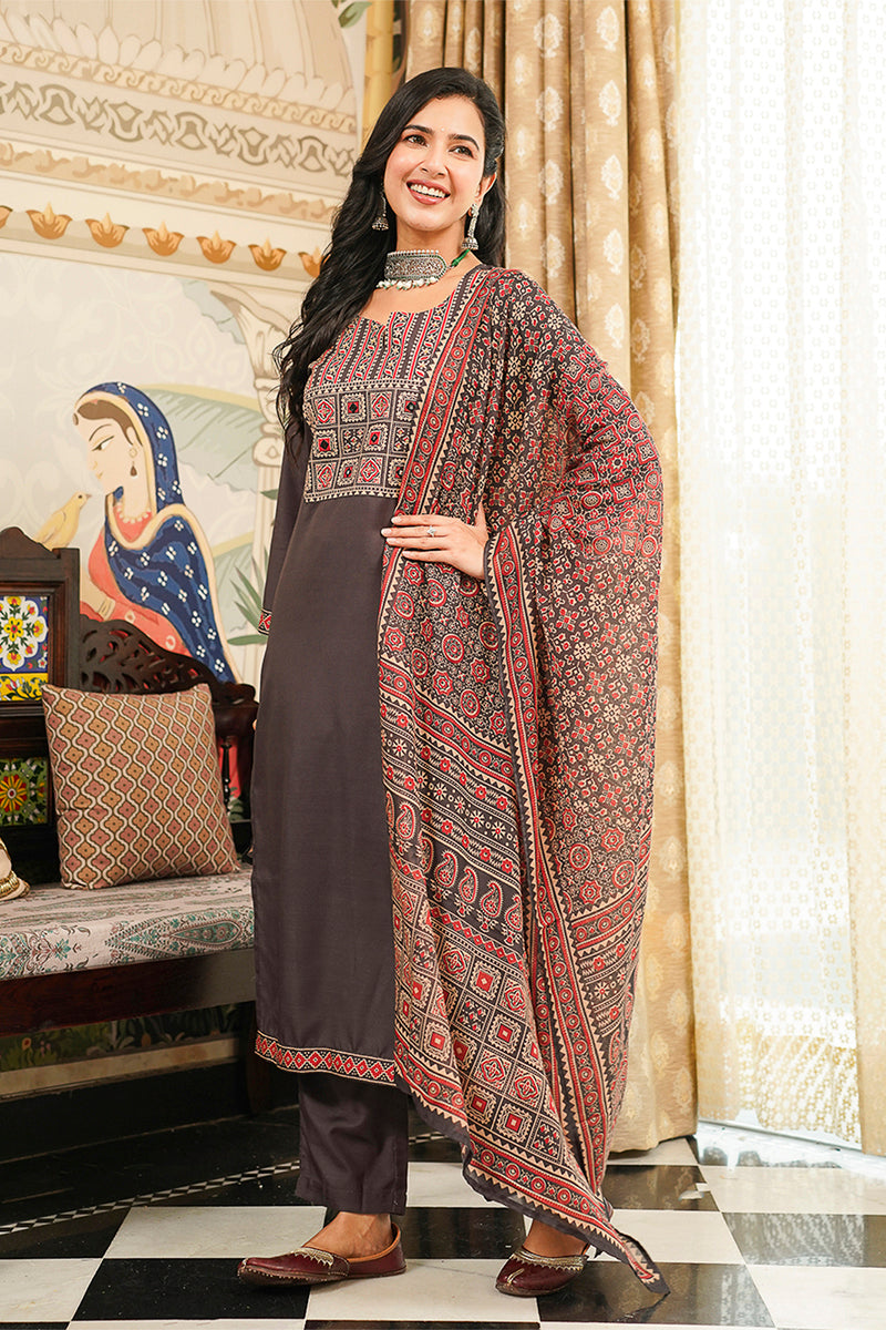 Grey Cotton Blend Ajrakh Printed Straight Kurta Trousers With Dupatta PKSKD3065