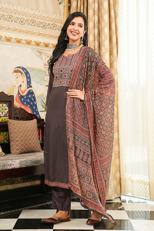 Grey Cotton Blend Ajrakh Printed Straight Kurta Trousers With Dupatta PKSKD3065