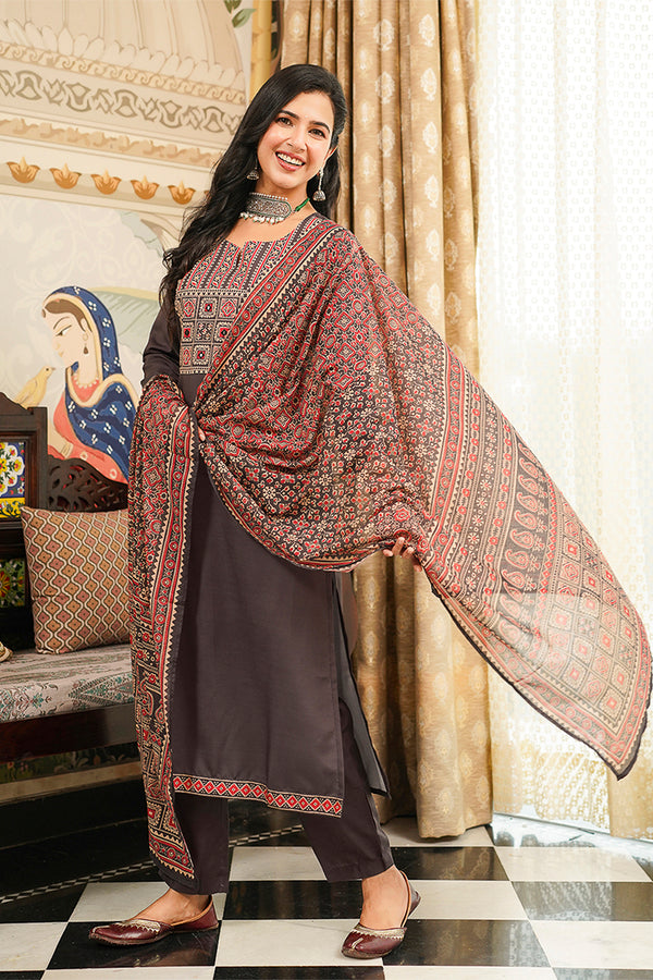 Grey Cotton Blend Ajrakh Printed Straight Kurta Trousers With Dupatta PKSKD3065