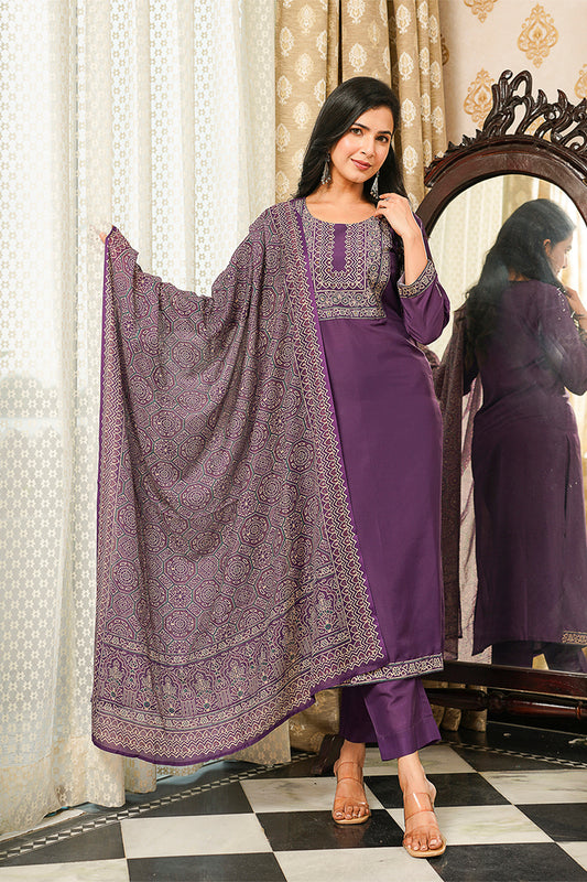 Purple Cotton Blend Ajrakh Printed Straight Kurta Trousers With Dupatta PKSKD3067