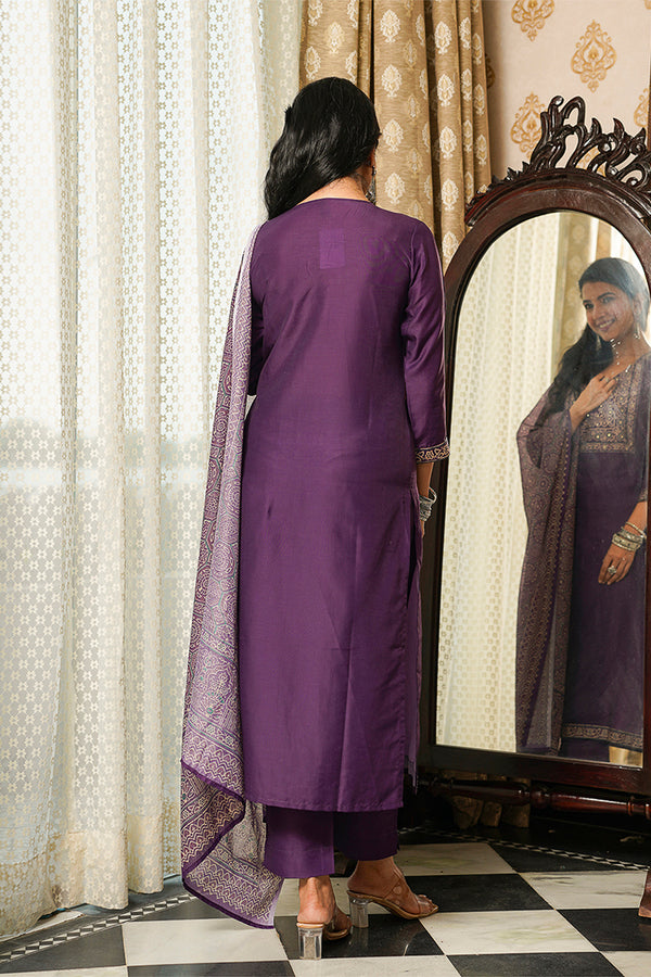Purple Cotton Blend Ajrakh Printed Straight Kurta Trousers With Dupatta PKSKD3067