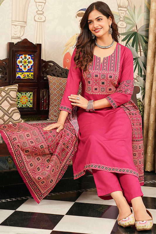 Pink Cotton Blend Ajrakh Printed Straight Kurta Trousers With Dupatta PKSKD3069