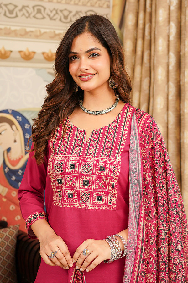 Pink Cotton Blend Ajrakh Printed Straight Kurta Trousers With Dupatta PKSKD3069