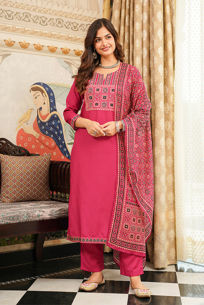 Pink Cotton Blend Ajrakh Printed Straight Kurta Trousers With Dupatta PKSKD3069