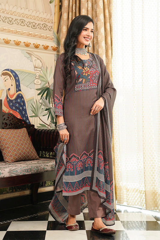 Brown Cotton Blend Ethnic Motifs Printed Straight Kurta Trousers With Dupatta PKSKD3072