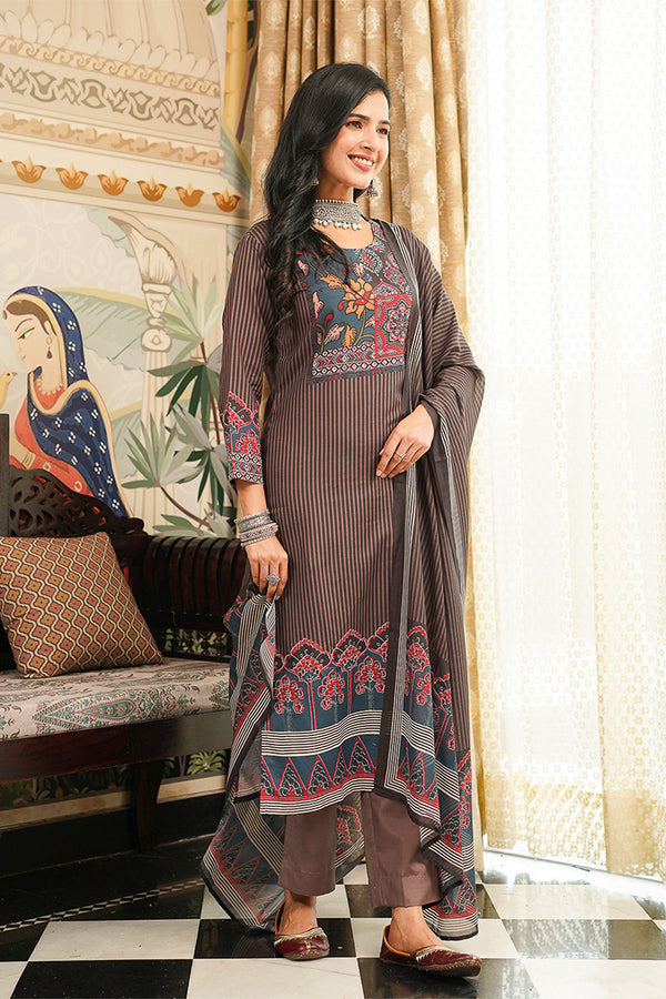 Brown Cotton Blend Ethnic Motifs Printed Straight Kurta Trousers With Dupatta PKSKD3072