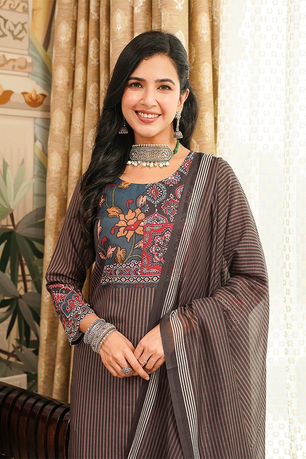 Brown Cotton Blend Ethnic Motifs Printed Straight Kurta Trousers With Dupatta PKSKD3072