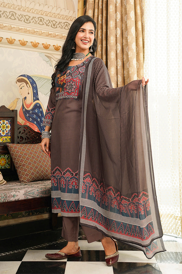 Brown Cotton Blend Ethnic Motifs Printed Straight Kurta Trousers With Dupatta PKSKD3072