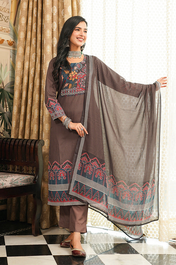 Brown Cotton Blend Ethnic Motifs Printed Straight Kurta Trousers With Dupatta PKSKD3072