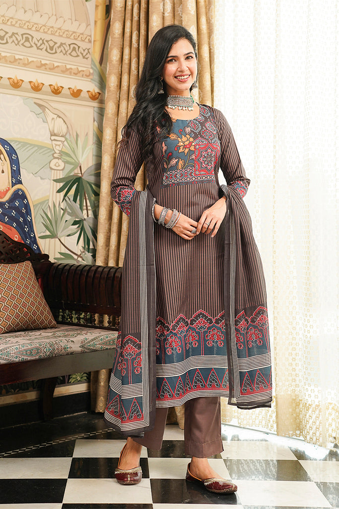 Brown Cotton Blend Ethnic Motifs Printed Straight Kurta Trousers With Dupatta PKSKD3072