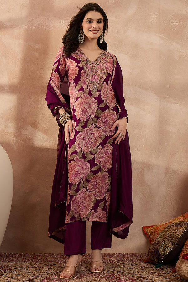 Purple Silk Blend Floral Embroidered Straight Kurta Trousers With Dupatta PKSKD3074
