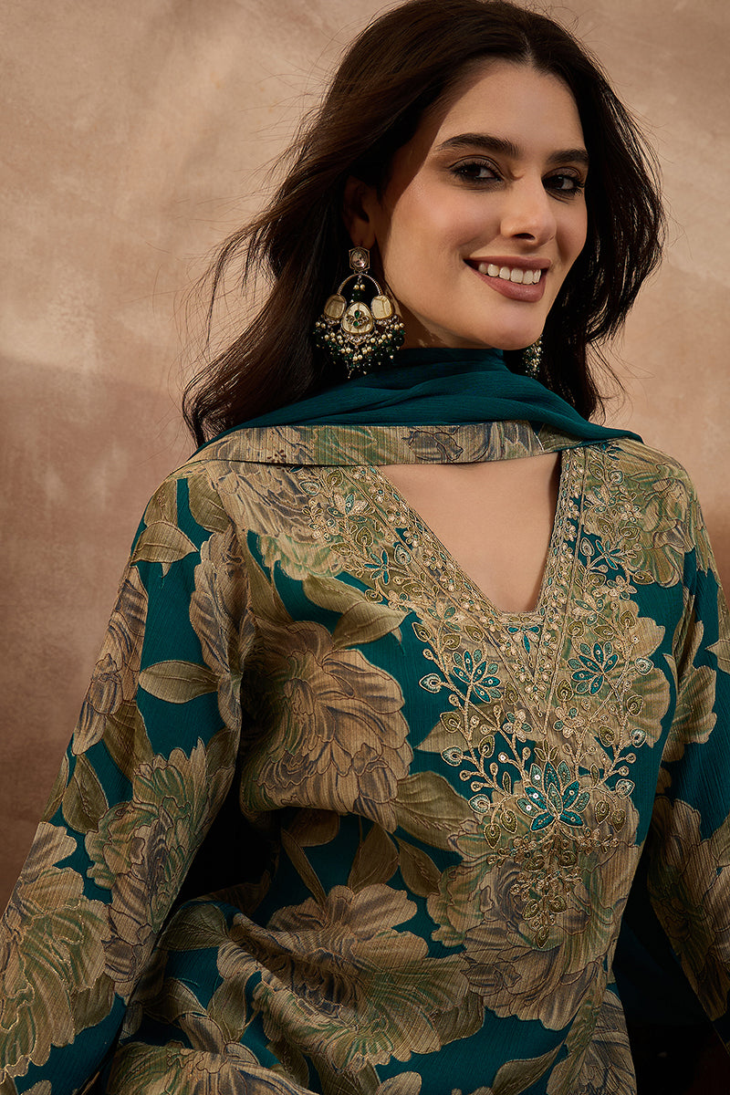 Teal Silk Blend Floral Embroidered Straight Kurta Trousers With Dupatta PKSKD3075