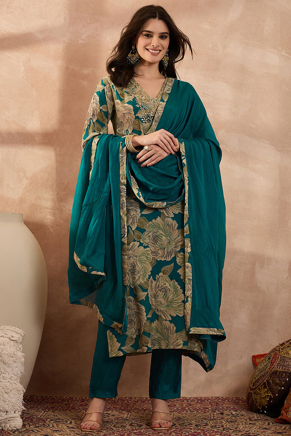 Teal Silk Blend Floral Embroidered Straight Kurta Trousers With Dupatta PKSKD3075