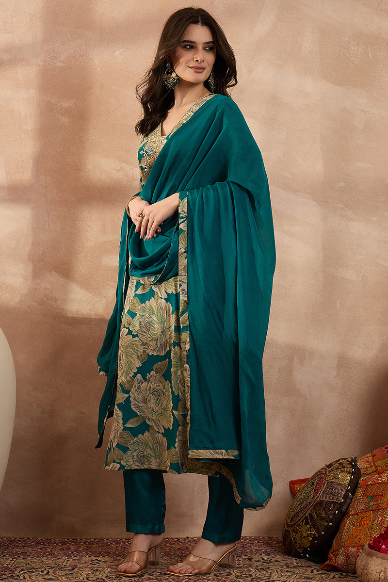 Teal Silk Blend Floral Embroidered Straight Kurta Trousers With Dupatta PKSKD3075