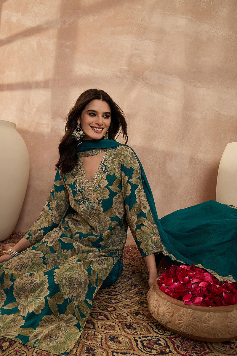 Teal Silk Blend Floral Embroidered Straight Kurta Trousers With Dupatta PKSKD3075