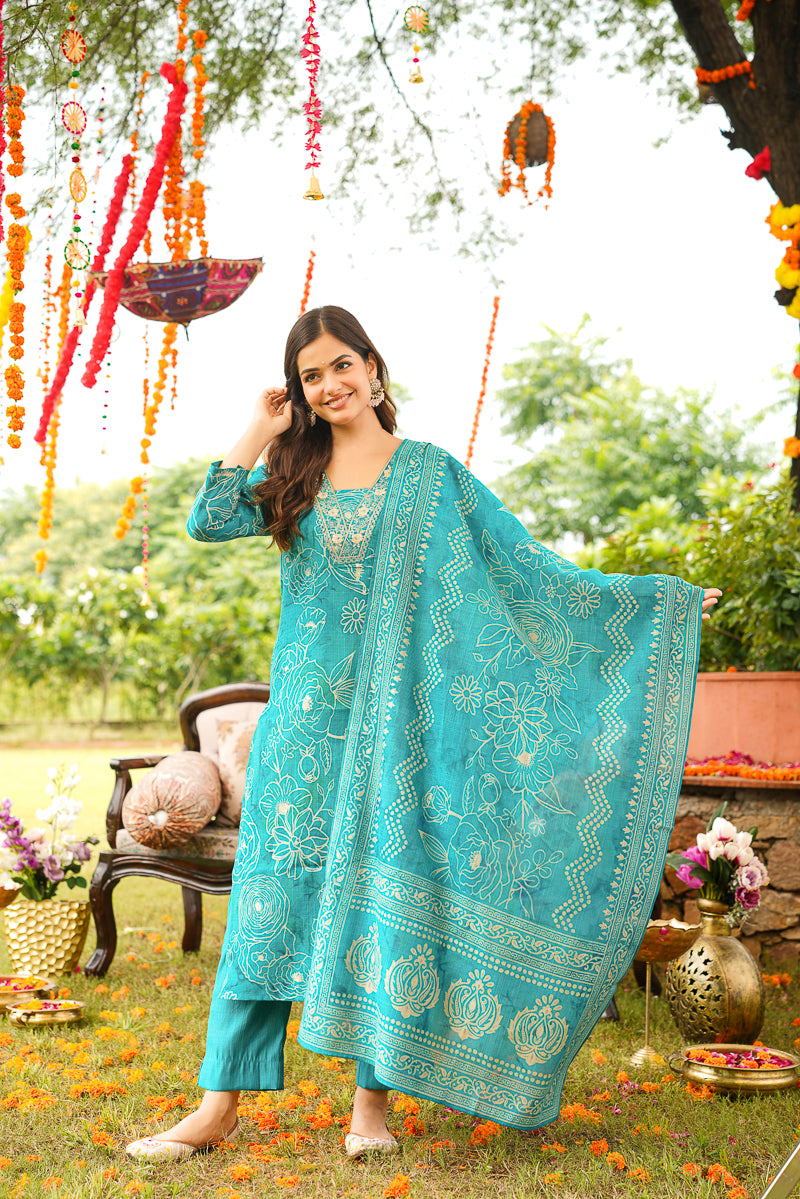 Turquoise Viscose Rayon Floral Embroidered Straight Kurta Trousers With Dupatta PKSKD3077