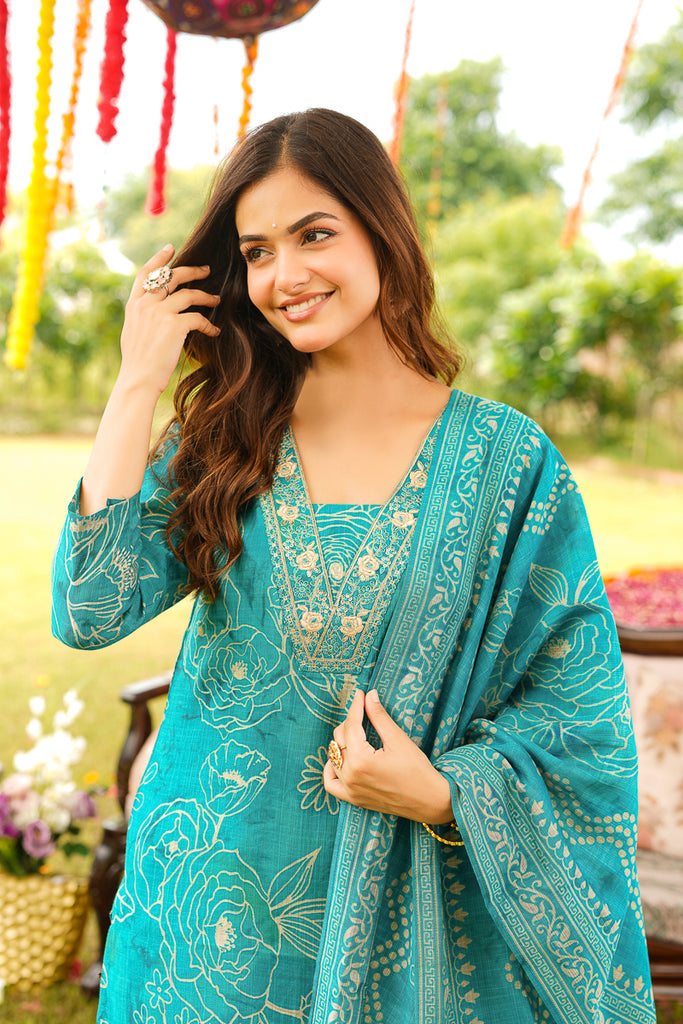 Turquoise Viscose Rayon Floral Embroidered Straight Kurta Trousers With Dupatta PKSKD3077