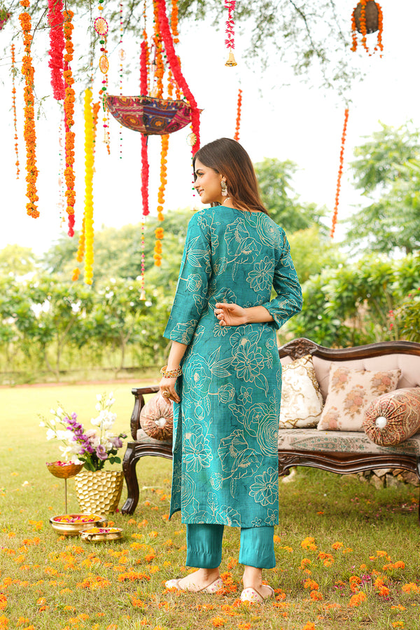 Turquoise Viscose Rayon Floral Embroidered Straight Kurta Trousers With Dupatta PKSKD3077