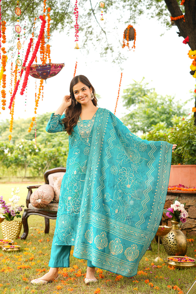 Turquoise Viscose Rayon Floral Embroidered Straight Kurta Trousers With Dupatta PKSKD3077